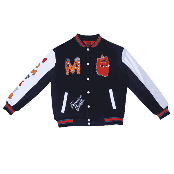 JAKET VARSITY HITAM PUTIH MOMSTER